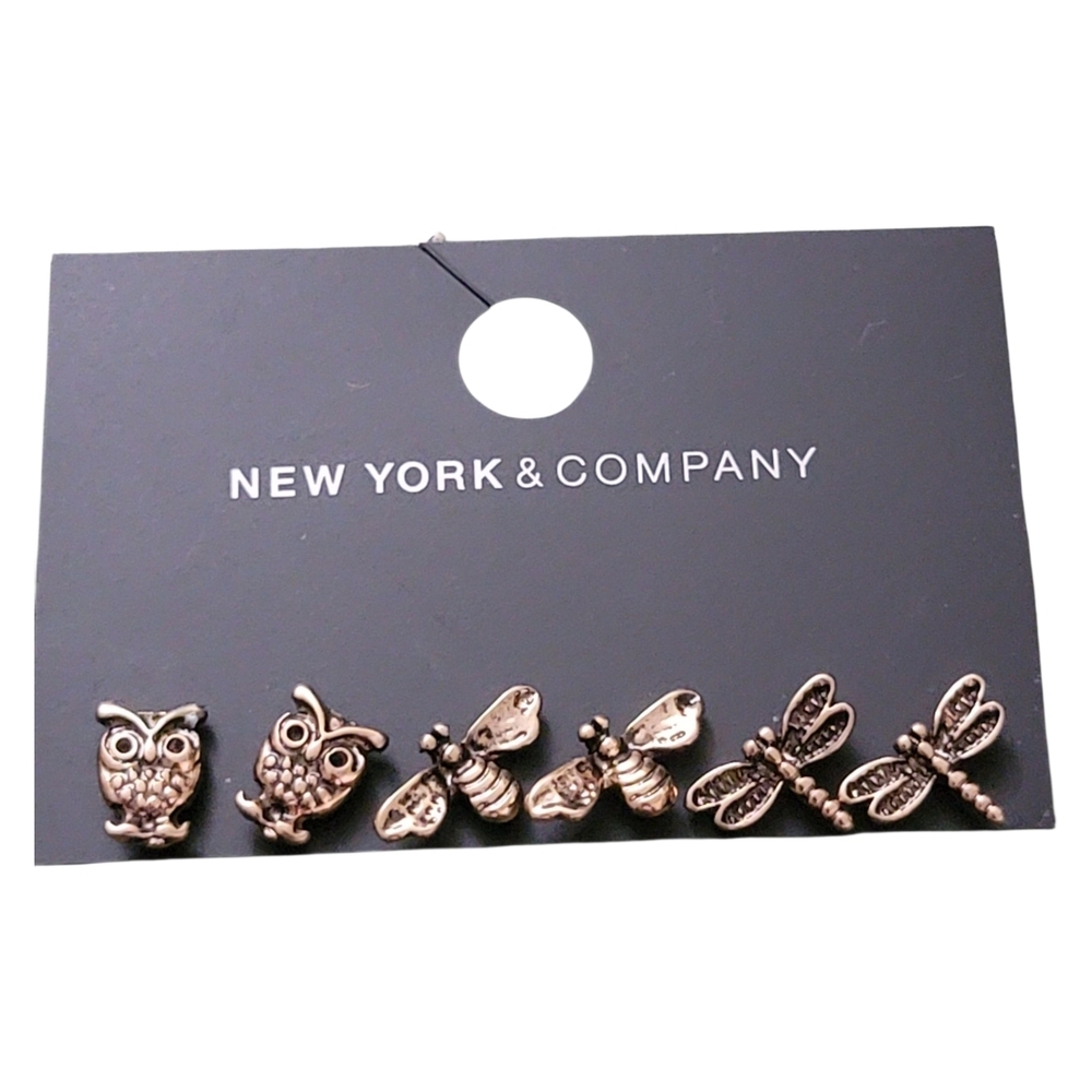 New York & Company Gold-Tone Stud Earrings Set Owl, Bee, Dragonfly Stud Earrings